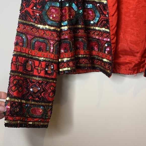 Papell Boutique || Vintage Heavily Beaded Sequin Silk Open Front Top Jacket M - Picture 12 of 17